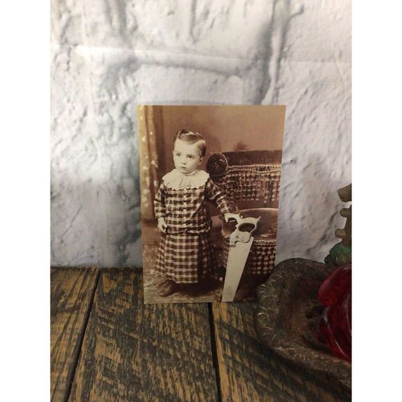 Vintage Photo Reprint Photo Boy With Hand Saw Odd Creepy - Picture 7 of 10